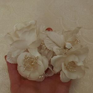 White Fabric Floral Hair Clip with Pearl And Crystal Accents